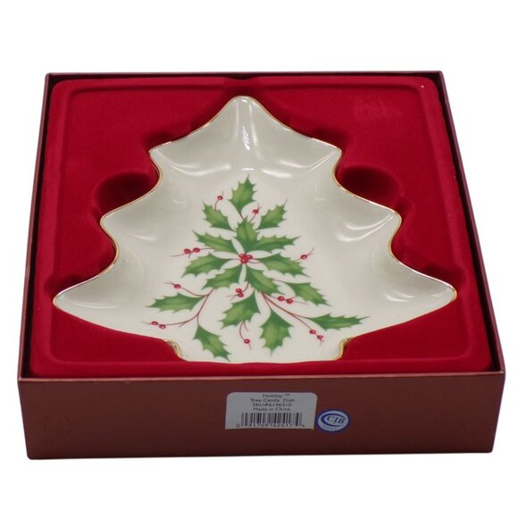 NEW Lenox Holiday Tree Holly & Berry With Gold Trim Design Candy Dish 8" NIB - Picture 4 of 7